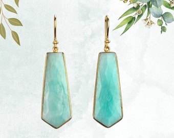 Long tie shape amazonite earring,large amazonite earring,aqua blue textured stone earrings,mother gift,custom jewelry card