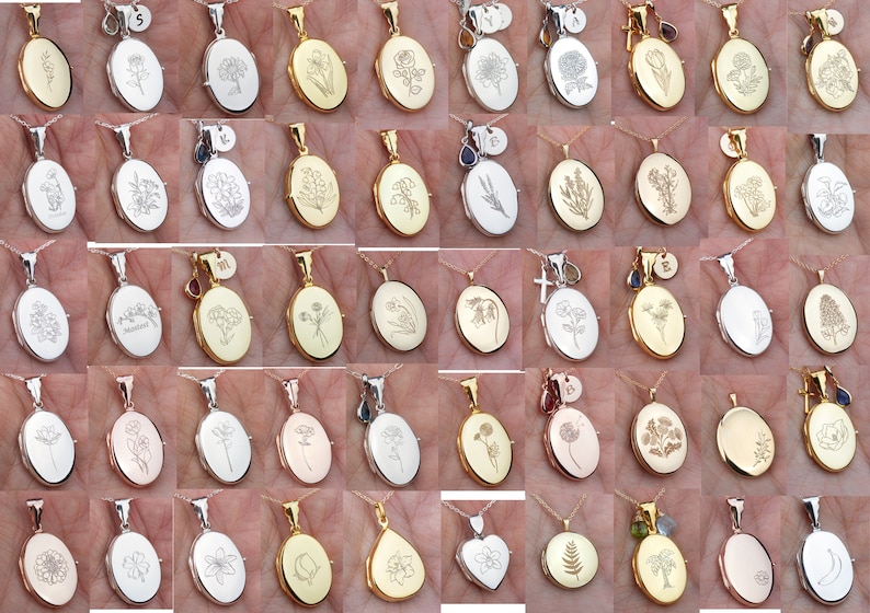May include: A collection of silver, gold, and rose gold oval locket necklaces with engraved floral designs. Each locket features a different floral pattern, including a dandelion, a fern, and a tulip.