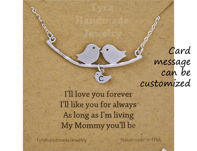 Family Bird Initial necklace,Family monogram Necklace,kissing bird,hand stamped,Mother Jewelry,Grandma gift,Anniversary gift,Mom and Baby image 3