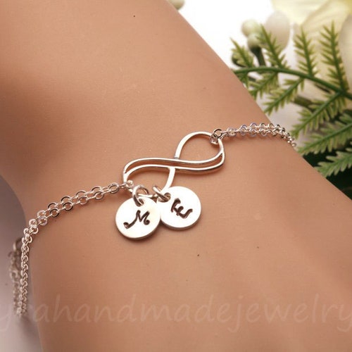 Set of 4,Double infinity bracelet,initial bracelet,Hand shops stamped monogram.custom font,Bridesmaid gift,Wedding bridal Jewelry,Sisterhood gift