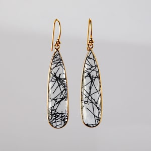 Long teardrop black rutilated quartz earring,faceted black tourmaline quartz,birthday gift,anniversary gift,custom note