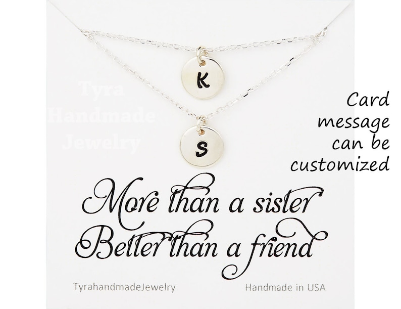 Silver Double Layer initial necklace,custom font monograms,hand stamped couple initials,sisters jewelry,mother and baby,personalized card silver wth note card