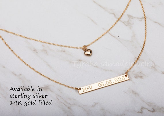 Double Layer Engraved Bar Necklace Set heart Necklace monogram Initial Necklace wedding Date coordinate Locations full Name custom Message Etsy