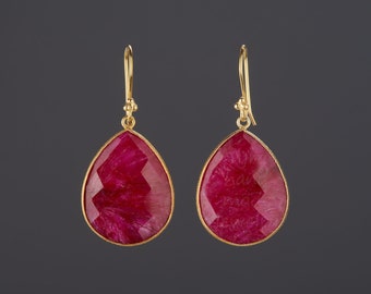 Large Pear Ruby Dangle Earrings, Gold Vermeil, July Birthday