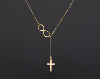 Collier de croix d’infini de Sideways d’argent sterling, croix d’infini Lariat, collier béni de foi, meilleur cadeau d’ami, cadeau de marraine, note faite sur commande