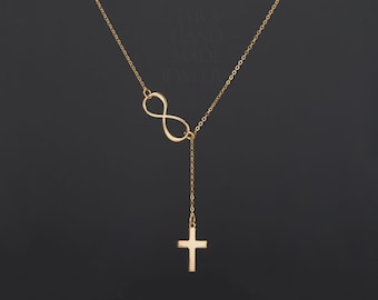Sterling Silber Seitlich Unendlichkeit Kreuz Halskette,Unendlichkeit Kreuz Lariat,Gesegneter Glaube Halskette,beste Freundin Geschenk,Paten Geschenk,Custom Note