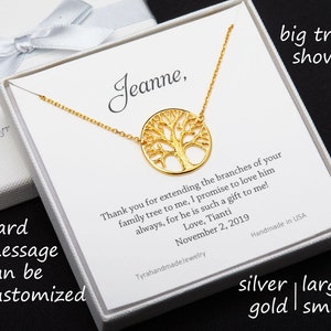 Collar del árbol genealógico de la vida con tarjeta de nota personalizada, oro o plata, regalo del día de la madre, madre del novio, regalo de suegra, joyería de boda