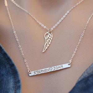 Personalized Long bar angel wing necklace,Silver Gold,memory wing,lucky wing custom name bar,Skinny Initial Name Plate,personalized note