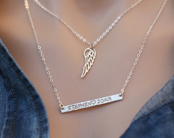 Personalized Long bar angel wing necklace,Silver Gold,memory wing,lucky wing custom name bar,Skinny Initial Name Plate,personalized note