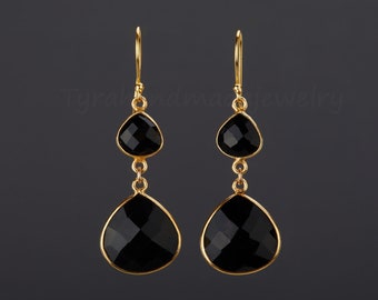 Two tier black onyx earring,long black onyx earring,faceted tear drop nature stone,birthday gift,mother's day gift,custom jewelry card