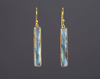 Labradorite long thin bar earring,long rectangle labradorite earring,glowing blue stone dangle earring,February birthday gift,mother gift