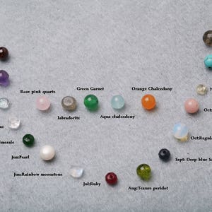 May include: A collection of gemstones and minerals arranged in a circle, representing each month of the year. The stones are labeled with their corresponding month and name, such as January Garnet, February Amethyst, March Aquamarine, and so on.