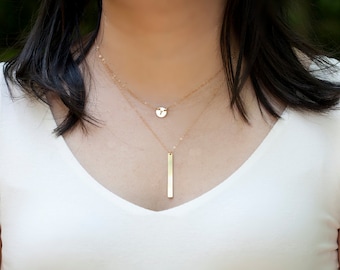 Long Layered initial bar Necklace Set,Vertical Bar Necklace,Monogram necklace,initial necklace,Layering Necklace,Rose Gold Double Necklace