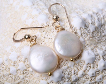 Classic Freshwater Coin Pearl Sterling silver earrings,Everyday jewelry,simply daily jewelry,bridesmaid earrings,wedding jewelry