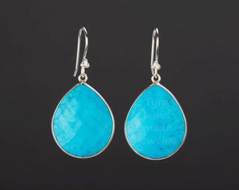Large teardrop turquoise earrings,Big blue stone earring,December birth earring,Blue dress earring,anniversary gift,custom note card