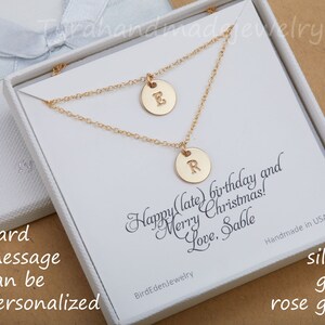 Silver Double Layer initial necklace,custom font monograms,hand stamped couple initials,sisters jewelry,mother and baby,personalized card gold with note card