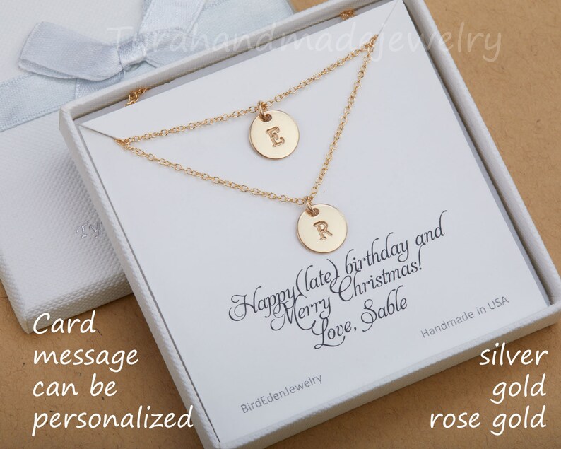 Silver Double Layer initial necklace,custom font monograms,hand stamped couple initials,sisters jewelry,mother and baby,personalized card gold with note card