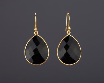 Large black onyx earrings,framed pear black onyx earring,nature stone earring,faceted black onyx,birthday gift,mother gift,custom note card