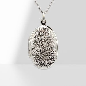 Gran medallón ovalado de plata de ley adornado con foto, medallón de margarita estampado, regalo de medallón de boda, medallón conmemorativo, regalo del Día de San Valentín, medallón de abril