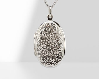 Large ornate sterling silver oval locket with photo,stamped daisy locket,wedding locket gift,Memorial locket,Valentine Day gift,April locket