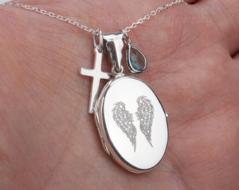 Engraved locket necklace with photo,custom memorial locket with cross,remembrance gift,custom gemstone,anniversary locket gift,photo locket