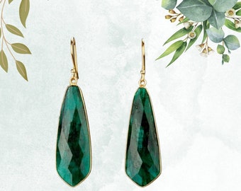 Long tie emerald earring,large deep green emerald earring,May birthday gift,mother gift,custom jewelry card
