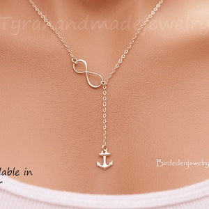 Infinity Anchor Lariat, collar Y de plata de ley u oro, ancla de fuerza de la esperanza, infinito lateral, ocho.regalo de graduación, regalo de esposa de la marina