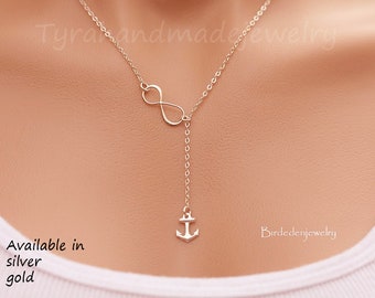 Infinity Anchor Lariat,Sterling silver or gold Y necklace,Hope Strength anchor,sideways Infinity,Figure eight.graduation gift,navy wife gift