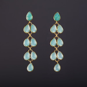 Kolczyki z pięcioma warstwami chalcedonu morskiego, Długie wiszące chalcedonu aqua, ulotka chalcedonu morskiego, kolczyk z gałązką wierzby, prezent urodzinowy, prezent dla matki