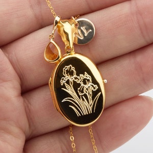 May include: Gold locket necklace with a delicate chain, featuring a small teardrop-shaped gemstone and an engraved oval locket with a floral design. The locket has a small charm with the letter "N" on it.