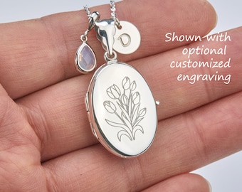 Sterling Silver oval Locket Necklace with photo,Personalized charms,engraved family loss locket,custom initial and birthstone,memorial gift