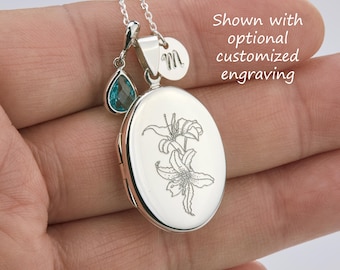Sterling Silber oval Medaillon Halskette mit Foto, Gedenk Halskette, benutzerdefinierte Geburtsstein, gravierte Geburtsblume Halskette, Hochzeit Medaillon, Mutter Geschenk