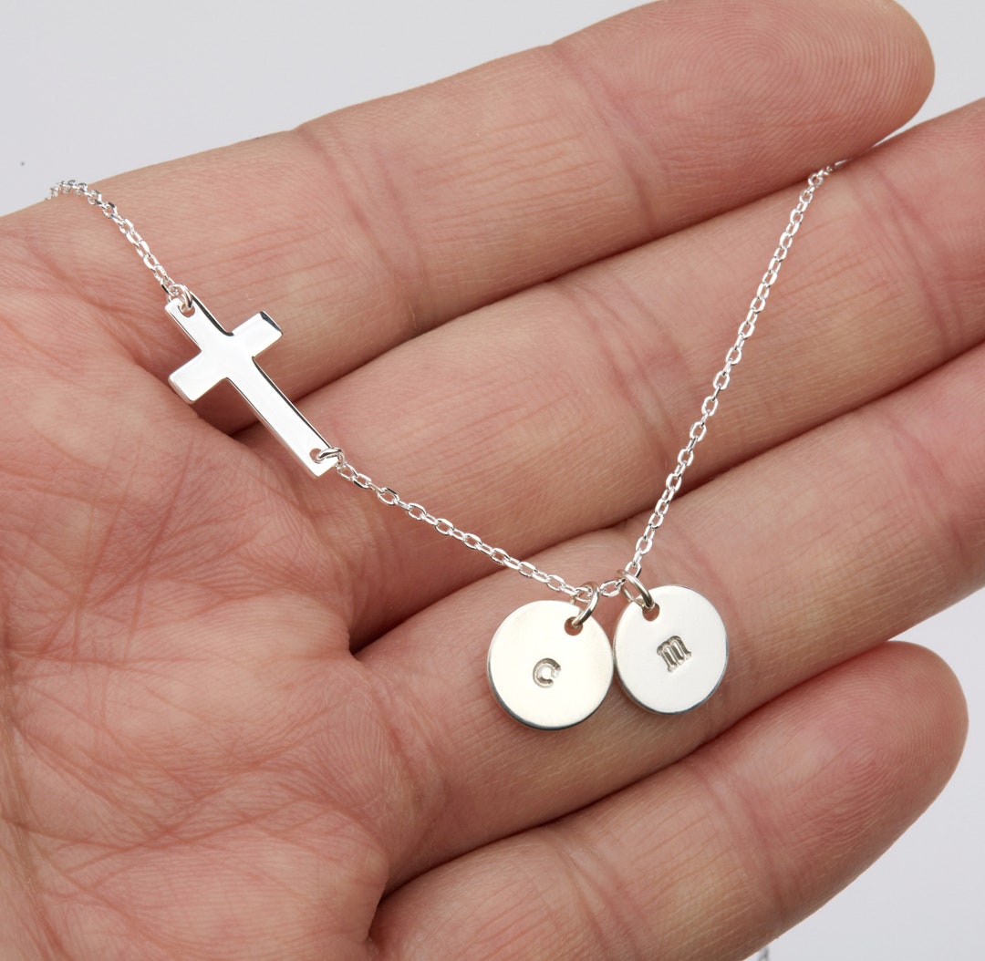 Sideways Cross Necklace With Hand Stamped Initial Tags,sterling