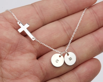 Sideways Cross Necklace With Hand Stamped Initial Tags,sterling