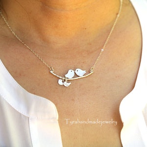 Bird Initial Necklace,family monogram necklace,Kissing bird on tree branch,Grandma gift,Mother Jewelry,Mother's day gift,custom note card image 5