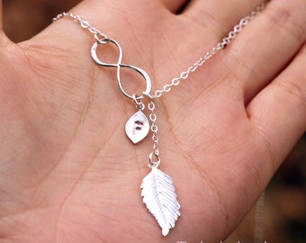 Personalized silver Infinity feather necklace,initialed leaf infinity,feather lariat Necklace,bridesmaid gifts,Mother jewelry,hand stamped