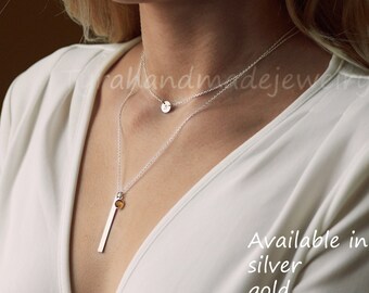 Conjunto de collar de barra inicial de capas largas, collar de barra vertical, collar de monograma, collar inicial, collar de capas, collar doble de oro rosa