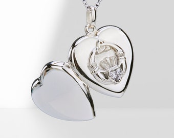 Sterling silver heart Claddagh photo locket,Custom quote engraving,memorial necklace,Irish love friendship locket,Valentine girlfriend gift