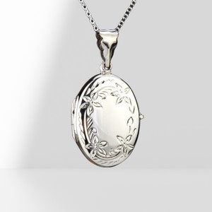 Engraved sterling silver locket,stamped floral border,custom engraved locket,Date locket,Memory photo locket,Valentine&#39;s day gift