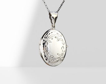 Médaillon gravé en argent sterling, bordure florale estampée, médaillon gravé personnalisé, médaillon date, médaillon photo souvenir, cadeau de la Saint-Valentin