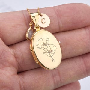 Silver/Gold/Rose gold Engraved oval locket with photo,memorial locket,Personalized remembrance locket,custom initial birthstone,mother gift image 1