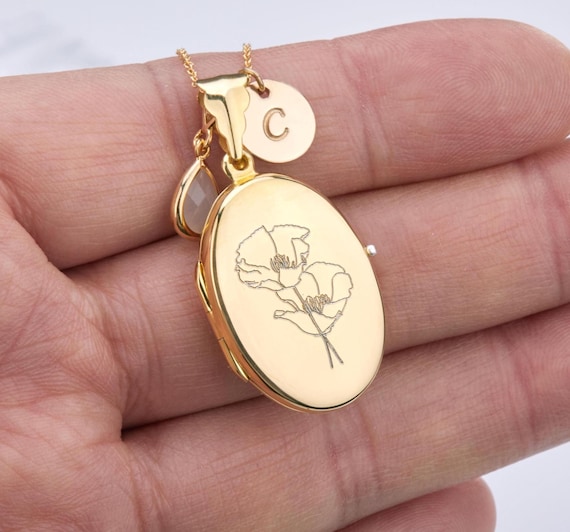 Silver/Gold/Rose gold Engraved oval locket with photo,memorial locket,Personalized remembrance locket,custom initial birthstone,mother gift