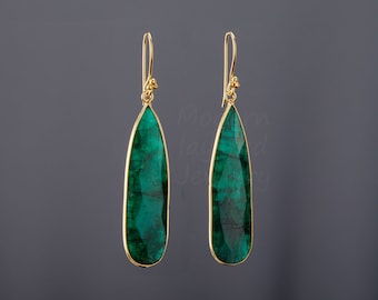 Long emerald earrings,real large emerald earrings,nature gemstone earring,teardrop earring,May birthday gift,mother gift,custom jewelry card