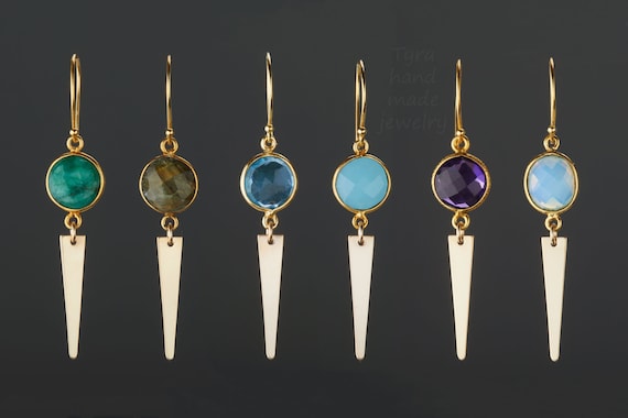 Two Tier Gemstone Gold Triangle Earring,long Drop Dangle  display picture 2