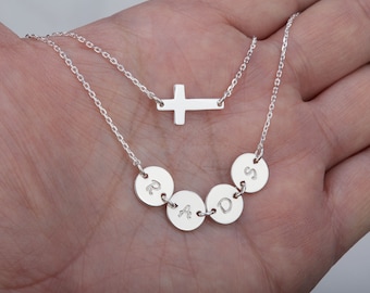 double layer sideways cross initial necklace,custom font Monogram Necklace,hand stamped,family initials,blessed faith necklace,custom note