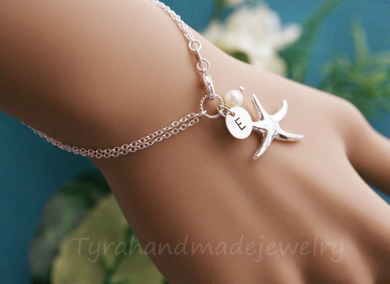 Personalized starfish bracelet,initial bracelet,custom font monogram,bridesmaid gift,beach ocean themed wedding,best friend,custom note card image 1