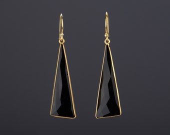 Long scalene triangle black onyx earrings,large dangle black onxy quartz earring,black dress earring,mother gift,anniversary gift