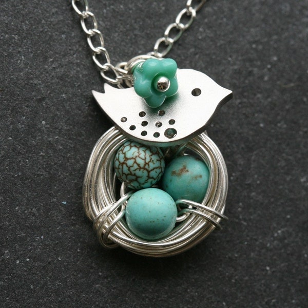 Lovely Bird and Nest Turquoise Jasper Eggs Necklace
