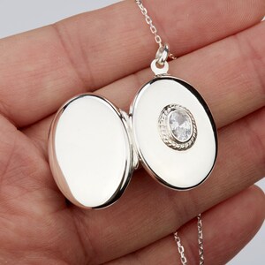Cubic Zirconia on sterling silver oval locket with photo,custom engraved memorial locket,wedding locket,CZ stone locket,anniversary locket