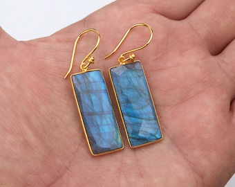 Large blue hue rectangle labradorite earring,blue labradorite earring,glowing blue stone dangle earring,February birthday gift,mother gift